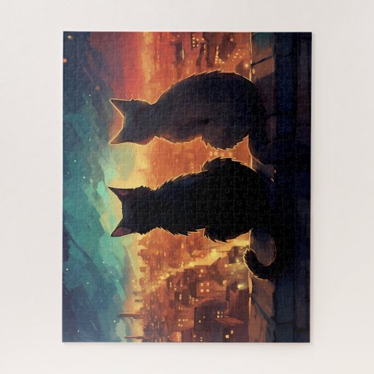 Twee katten op het dak met uitzicht op de stad 's  legpuzzel (Verticaal)