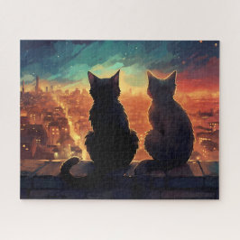 Twee katten op het dak met uitzicht op de stad 's  legpuzzel