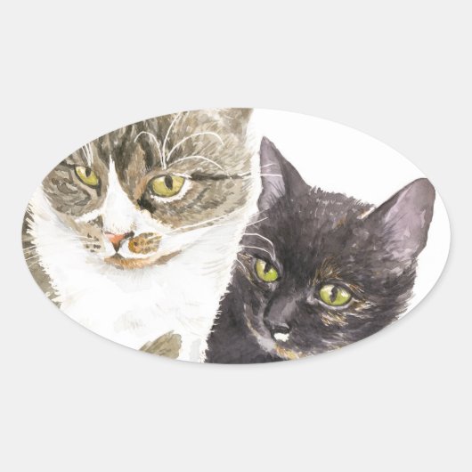 Twee katten - tabby en tortie ovale sticker (Voorkant)