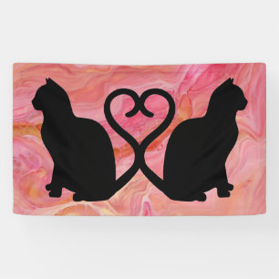 Twee kattenharten Silhouette op roze marmer Spandoek