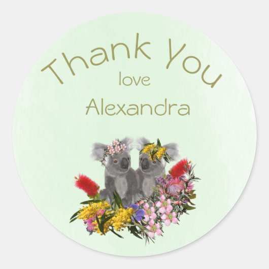 Twee keer bedankt je groene Wildflower Koala Ronde Sticker (Voorkant)
