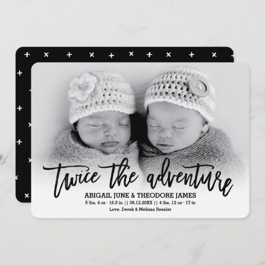 Twee keer de Aventure Modern Twins Birth Announcem Aankondiging (Voorkant / Achterkant)