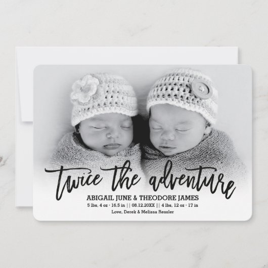 Twee keer de Aventure Modern Twins Birth Announcem Aankondiging (Voorkant)