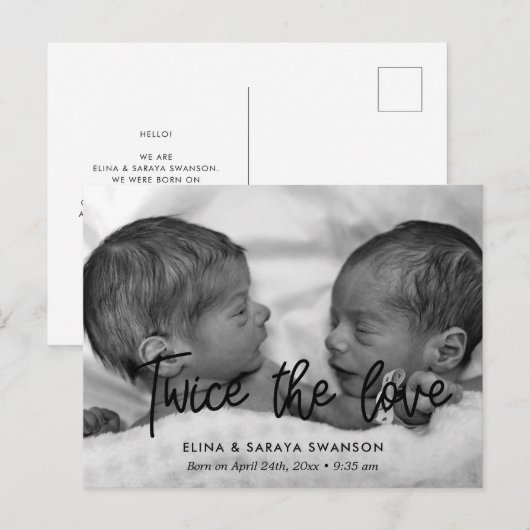 Twee keer de liefde tweeling geboorte aankondiging briefkaart (Voorkant / Achterkant)