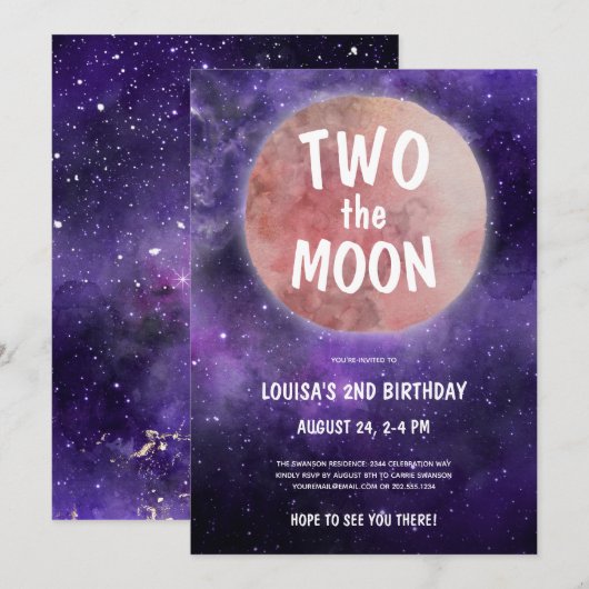 Twee keer de Paarse Moon Pink Girl 2e verjaardag Kaart (Voorkant / Achterkant)