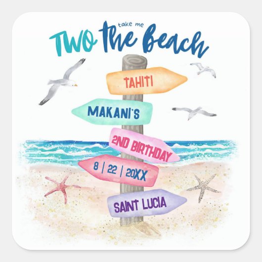 Twee keer de strand | Kinder 2e verjaardag Vierkante Sticker (Voorkant)