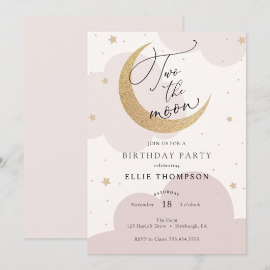 Twee keer de uitnodiging van Moon Pink Birthday (Voorkant / Achterkant)