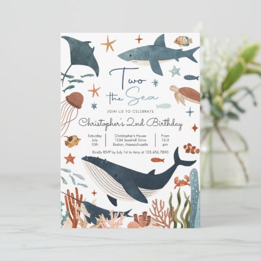 Twee keer de Zee Whale Shark Turtle 2e verjaardag Kaart (Staand voorkant)