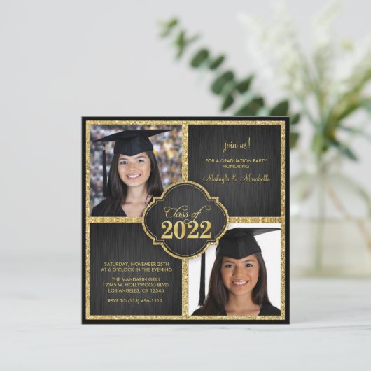 Twee keer! Elegant Black & Gold Glitter Class of 2 Kaart (Staand voorkant)
