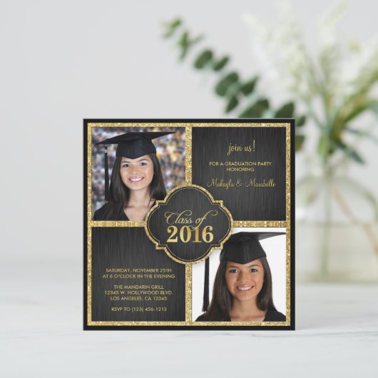 Twee keer! Elegant Black & Gold Glitter Class of 2 Kaart (Staand voorkant)