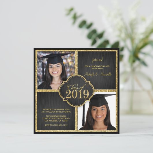 Twee keer! Elegant Black & Gold Glitter Class of 2 Kaart (Staand voorkant)