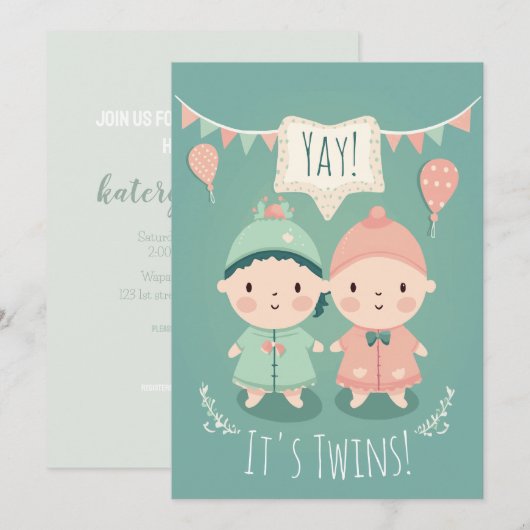 Twee keer! | Uitnodiging tot Baby shower voor jong (Voorkant / Achterkant)