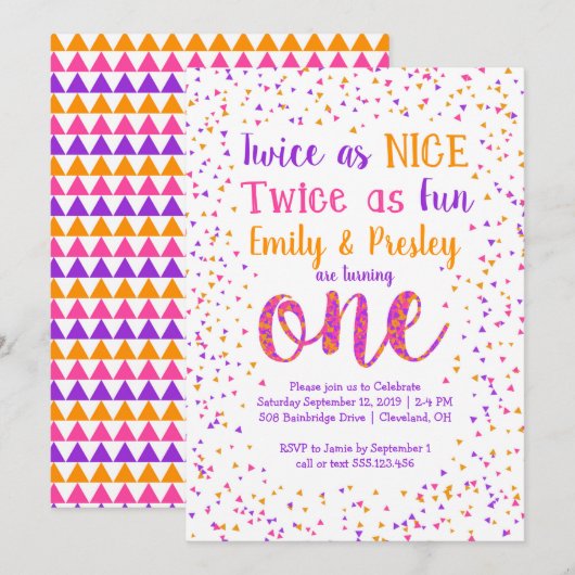 Twee keer zo leuke Confetti Twin Girls Eerste Verj Kaart (Voorkant / Achterkant)