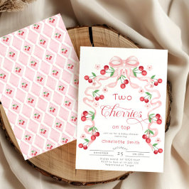 Twee kersen op de top roze boog Twin meisje Baby s Kaart