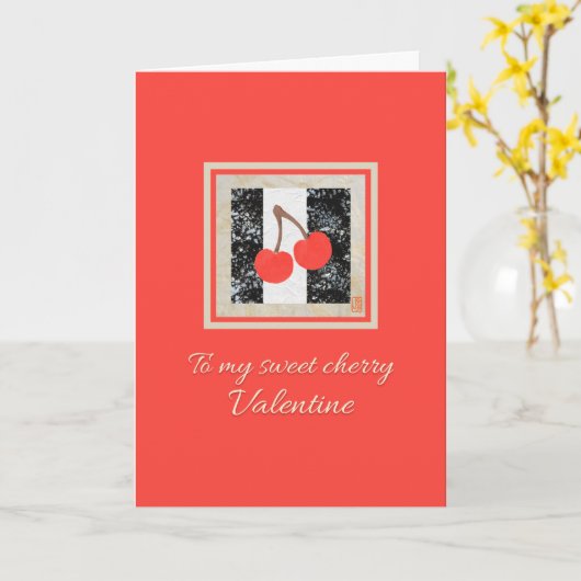 Twee kersen op rode Valentijn Kaart (Gele Bloem)