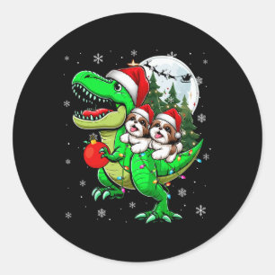 Twee kerst-Shih Tzus die op T-rex rendierliefhebbe Ronde Sticker