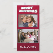 Twee kerstfoto's rood bericht op achterste familie feestdagenkaart (Voorkant)