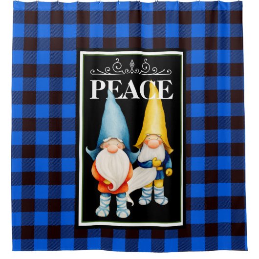 Twee kerstgnomen Blauw en Zwarte Buffalo-spelden Douchegordijn (Voorkant)