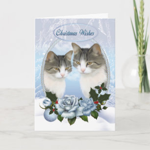 Twee kerstkatten met sneeuwijs en blauwe Rozen Feestdagen Kaart