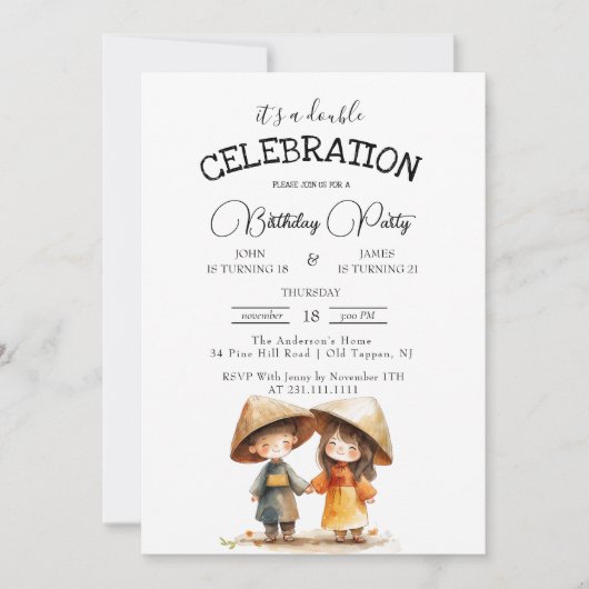 Twee Kinder Oosterse Oost-Azië Dubbele Verjaardag  Kaart (Voorkant)