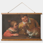 Twee kinderen die een kat tapijt schenken hangend wandkleed (Voorkant)