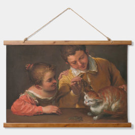 Twee kinderen die een kat tapijt schenken hangend wandkleed