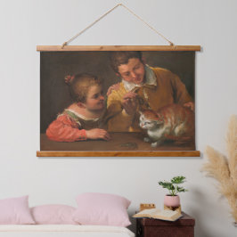 Twee kinderen die een kat tapijt schenken hangend wandkleed