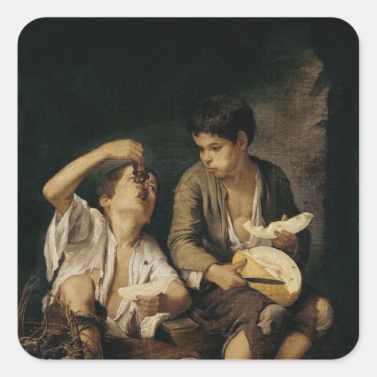 Twee kinderen die een meloen en druiven eten, 1645 vierkante sticker (Voorkant)