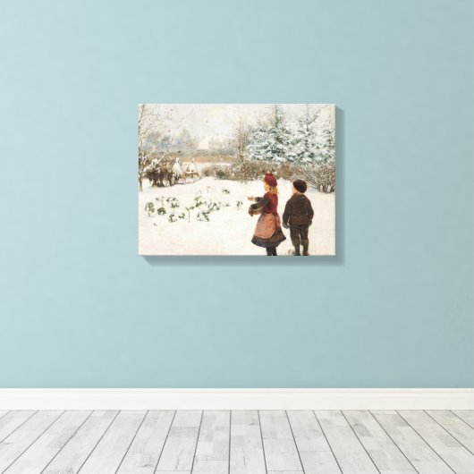 Twee kinderen die vogels voeden in de sneeuw canvas afdruk (Insitu (Houten vloer))