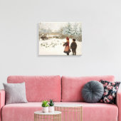 Twee kinderen die vogels voeden in de sneeuw canvas afdruk (Insitu (Woonkamer))