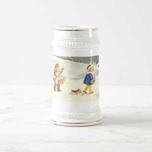 Twee kinderen en een hond bierpul