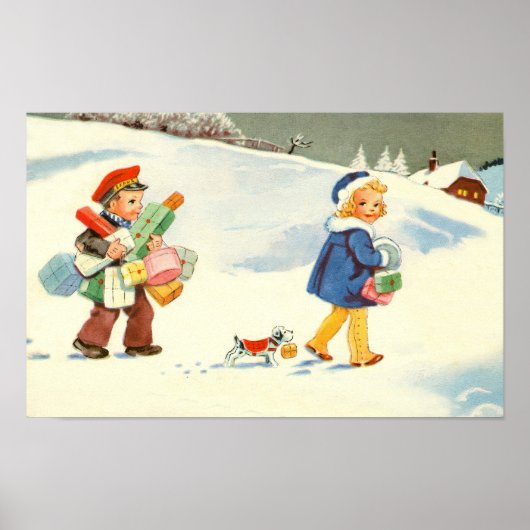 Twee kinderen en een hond in de sneeuw poster (Voorkant)