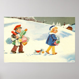 Twee kinderen en een hond in de sneeuw poster