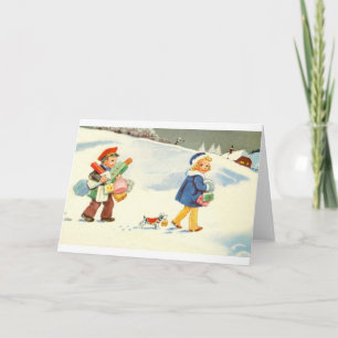 Twee kinderen en een hond vrolijke sneeuw scène feestdagen kaart