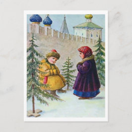 Twee kinderen en kerstbomen onder de muren briefkaart