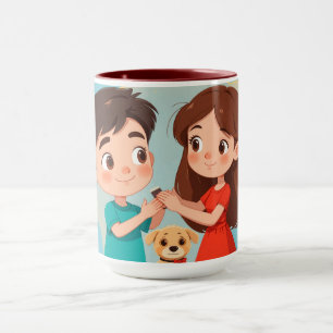 Twee kinderen met een hond die een vrolijk moment mok