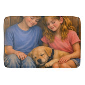 Twee kinderen met slapende puppy – badmat (Voorkant)