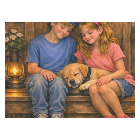 Twee kinderen met slapende puppy rustieke tafelkle tafelkleed (Voorkant (Horizontaal))