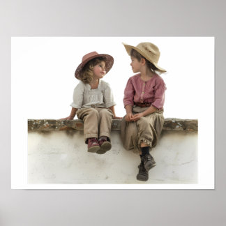Twee kinderen zittend op een muur poster