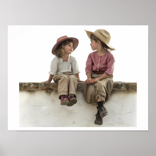 Twee kinderen zittend op een muur poster (Voorkant)