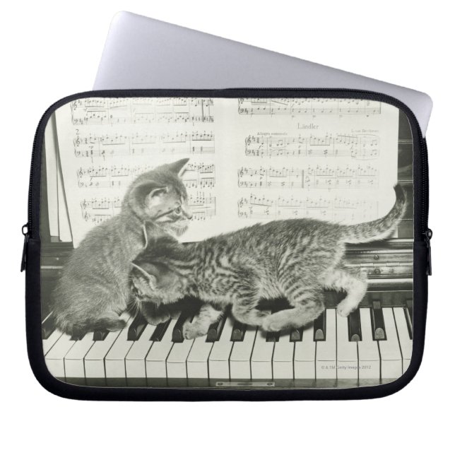 Twee kitten op pianokaart (B&W) Laptop Sleeve (Voorkant)