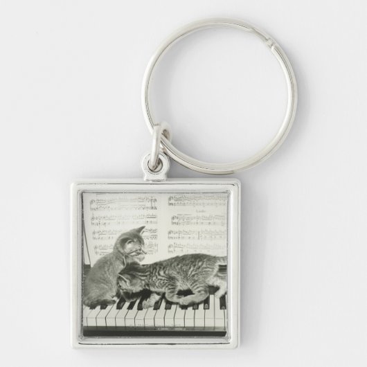 Twee kitten op pianokaart (B&W) Sleutelhanger (Voorkant)