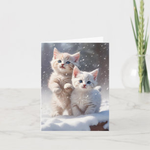 Twee Kittens Blauwe Ogen Spelen Sneeuw Blank Groet Kaart