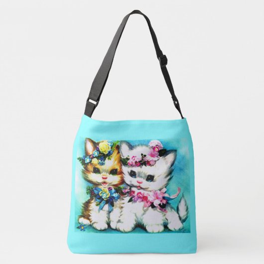 twee kittens en veel bloemen crossbody tas (Achterkant)
