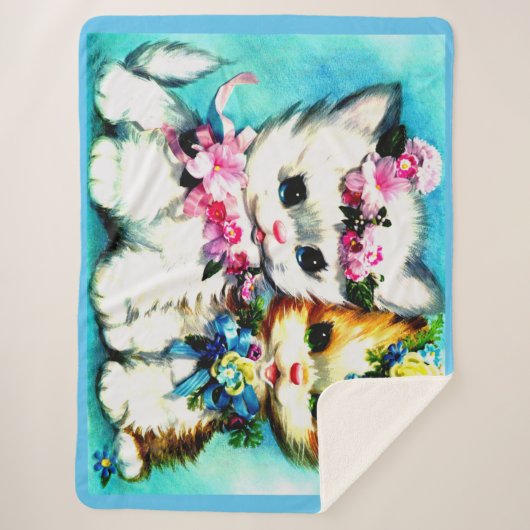 twee kittens en veel bloemen sherpa deken (Voorkant)