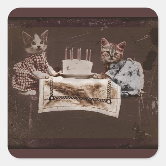Twee Kittens met Birthday Cake Vierkante Sticker (Voorkant)