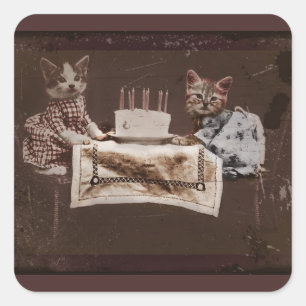 Twee Kittens met Birthday Cake Vierkante Sticker