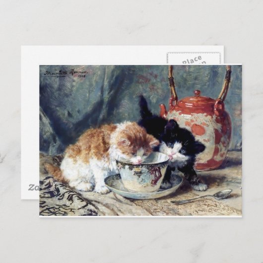 Twee kittens met theefeestje briefkaart (Voorkant / Achterkant)