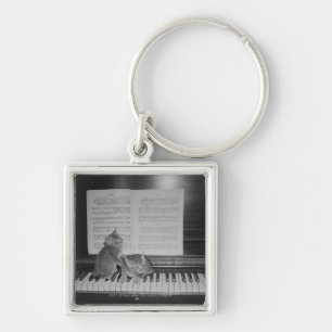 Twee kittens op pianotoetsenbord op papier sleutelhanger