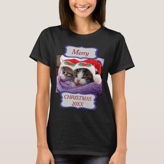 Twee Kittens Santa Hats Merry Kerstmis 20XX Weemen T-shirt (Voorkant)